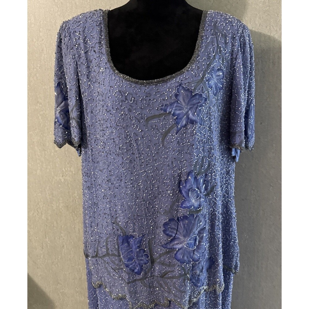 Vtg Laurence Kazar Beaded Mock 2 Piece Dress Periwinkle Blue Sequin Plus 18W